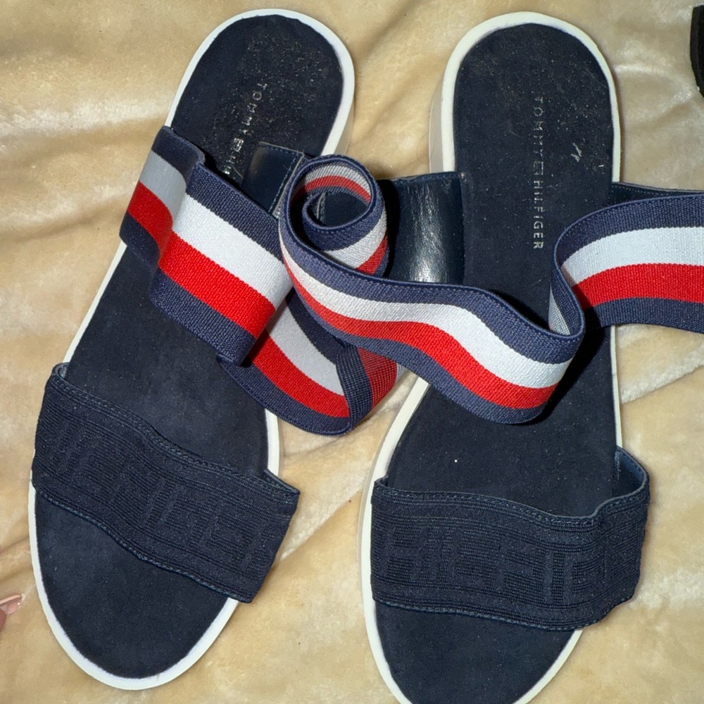 Tommy Hilfiger Navy Slides with Red and White Stripes